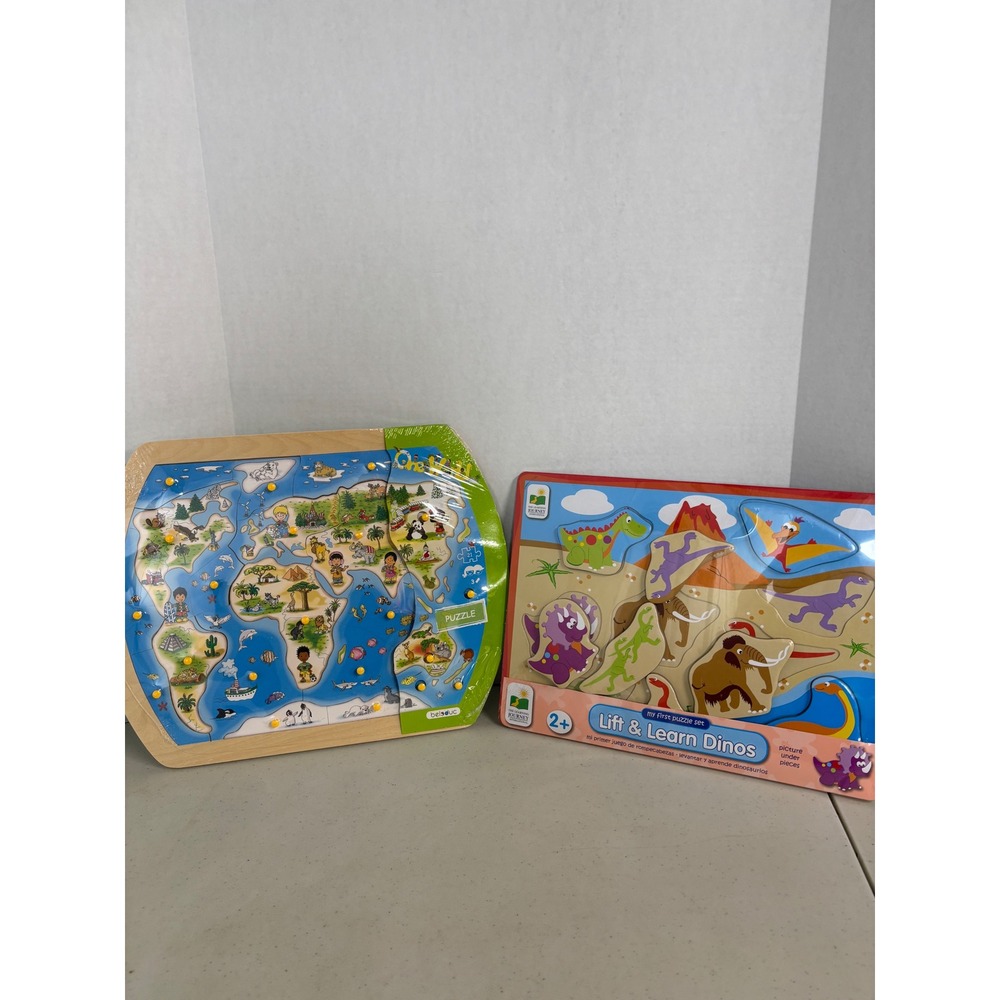 Wooden Puzzle Lot Beleduc One World Map 21pc & Learning Journey Dino 8pc NEW